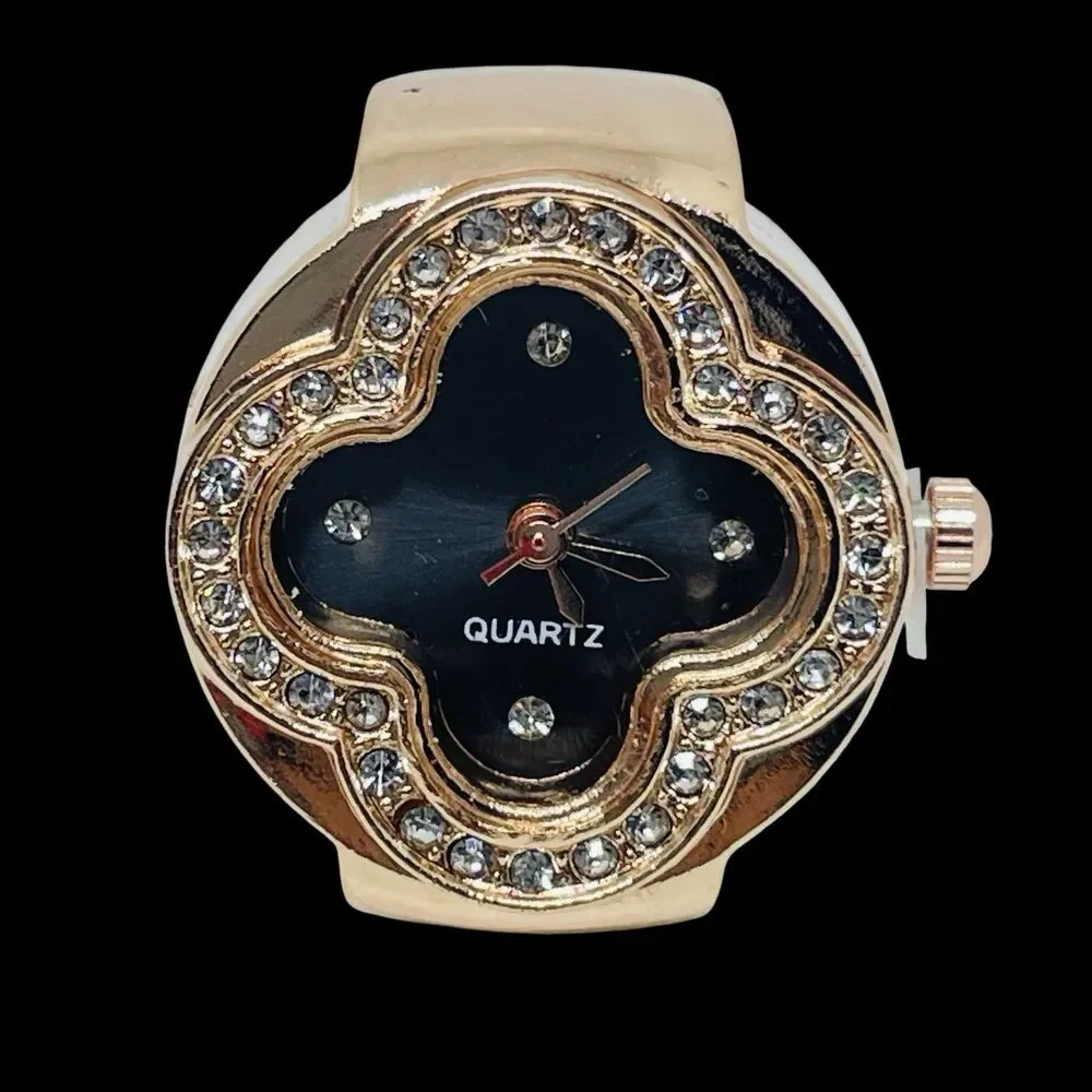 Ring Watch Rose Gold Clover Design With Crystals New